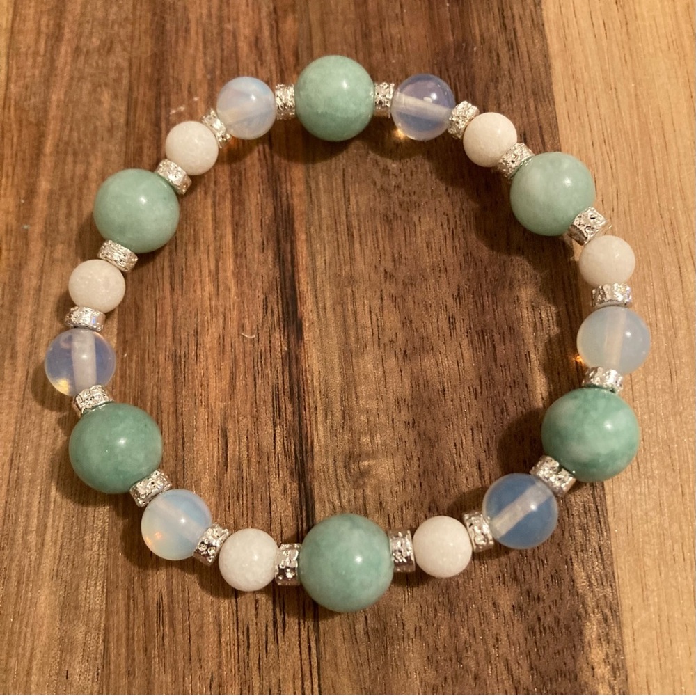 Handmade Beaded Bracelet w/ Amazonite, Lava Stone, Quartz, and White Opal